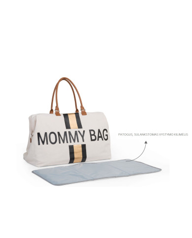 CHILDHOME DIDELIS MAMOS REIKMENŲ KREPŠYS MOMMY BAG, OFF WHITE STRIPES BLACK/GOLD