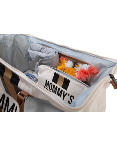 CHILDHOME DIDELIS MAMOS REIKMENŲ KREPŠYS MOMMY BAG, OFF WHITE STRIPES BLACK/GOLD