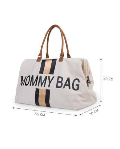 CHILDHOME DIDELIS MAMOS REIKMENŲ KREPŠYS MOMMY BAG, OFF WHITE STRIPES BLACK/GOLD