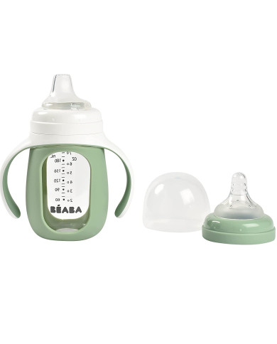 BEABA MOKOMASIS STIKLINIS BUTELIUKAS-GERTUVĖ 2IN1, 210 ML, SAGE GREEN, SILIKONINIAME DĖKLE