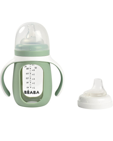 BEABA MOKOMASIS STIKLINIS BUTELIUKAS-GERTUVĖ 2IN1, 210 ML, SAGE GREEN, SILIKONINIAME DĖKLE