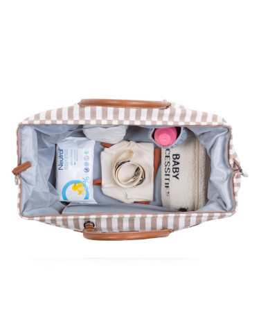 CHILDHOME DIDELIS MAMOS REIKMENŲ KREPŠYS MOMMY BAG,  STRIPES - NUDE/TERRACOTTA
