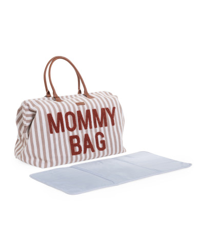 CHILDHOME DIDELIS MAMOS REIKMENŲ KREPŠYS MOMMY BAG,  STRIPES - NUDE/TERRACOTTA