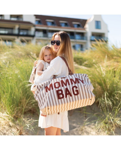 CHILDHOME DIDELIS MAMOS REIKMENŲ KREPŠYS MOMMY BAG,  STRIPES - NUDE/TERRACOTTA