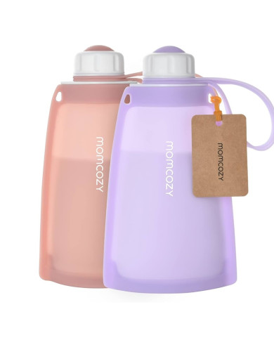 MOMCOZY DAUDZKĀRTĪGI SILIKONI PIENA UZGLABĀŠANAS MAISĪTI, 2 GAB. VIOLETS UN ROZĀ