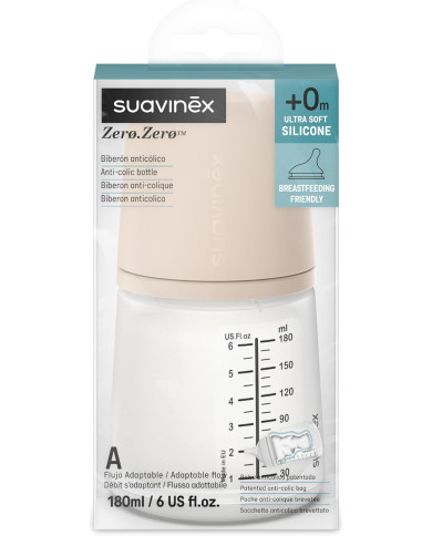 Suavinex Zero Zero antikoliku pudele, 180 ml no +0 mēn.