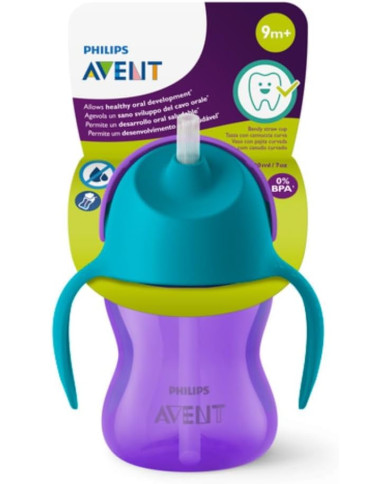 PHILIPS AVENT Dzeršanas krūze ar salmiņu, 9 Mēn+, 200 ml, Violet/Blue