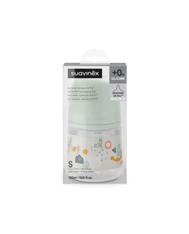 SUAVINEX ANTI-COLIC PUDELE SX PRO AR LĒNAS PLŪSMAS (S) FIZIOLOĢISKO ZĪDNI, 150 ML, NO 0 MĒN., WALK GREEN