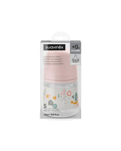SUAVINEX ANTI-COLIC PUDELE SX PRO AR LĒNU PLŪSMU (S) FIZIOLOĢISKO ZĪDĀTĀJU, 150 ML, NO 0 MĒN., WALK PINK