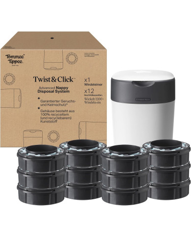TOMMEE TIPPEE TWIST AND CLICK ADVANCED AUTIŅBIKŠU KONTEINERA UN 12 GAB. KASEŠU KOMPLEKTS, WHITE