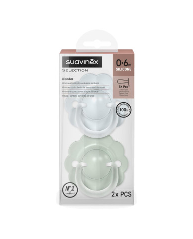 SUAVINEX FIZIOLOĢISKAIS KNUPĪTIS SX PRO WONDER, 0-6 MĒN., SOFT BLUE/GREEN, 2 GAB.