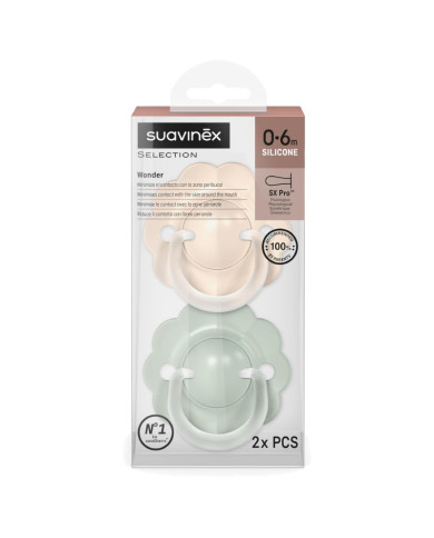 SUAVINEX FIZIOLOĢISKAIS KNUPĪTIS SX PRO WONDER, 0-6 MĒN., SOFT GREEN/BEIGE, 2 GAB.