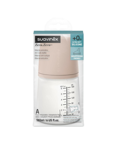 SUAVINEX ZERO ZERO ANTI-COLIC PUDELE AR LĒNAS PLŪSMAS ZĪDĀTĀJU, 180ML, NO +0 MĒN., MEDIUM