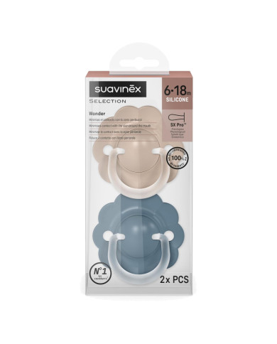 SUAVINEX FIZIOLOĢISKAIS KNUPĪTIS SX PRO WONDER, 6-18 MĒN., DEEP BEIGE/BLUE, 2 GAB.