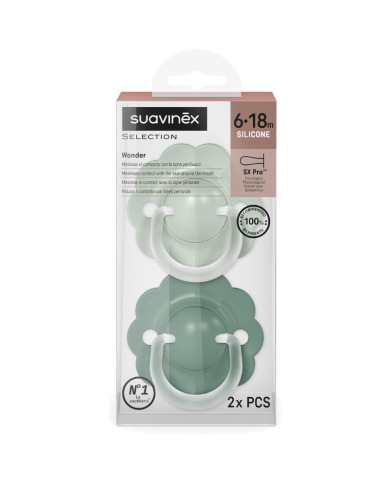 SUAVINEX FIZIOLOĢISKAIS KNUPĪTIS SX PRO WONDER, 6–18 MĒN., SOFT/DEEP GREEN, 2 GAB.