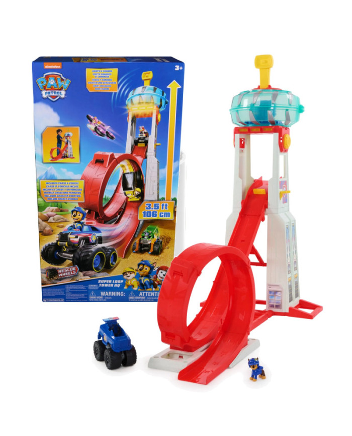 PAW PATROL RESCUE WHEELS SUPER LOOP TOWER HQ SPĒĻU KOMPLEKTS AR CHASE FIGŪRIŅU UN AUTOMAŠĪNU