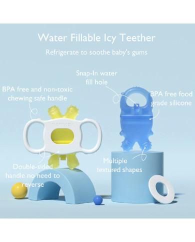 MOMCOZY AR ŪDENI PILDĀMS ATDZESĒJAMS ZĪDAIŅU ZOBU GRAUŽAMAIS BLUE/YELLOW